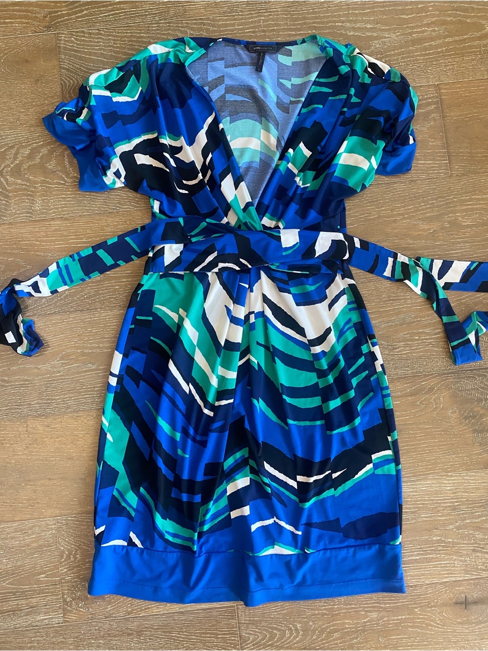 BCBG MAXAZRIA Blue Green Black Matte Jersey Wrap Dolman Career Cocktail Dress M
